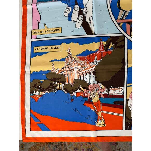 Vtg Comic Book Print Multicolor Silk Scarf Hand Rolled Edge NWOT 35x35 - Picture 6 of 10